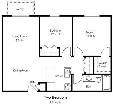 Floor plan for 2 beds, 1 bath, 864 sqft